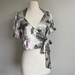 Silky oriental print wrap top